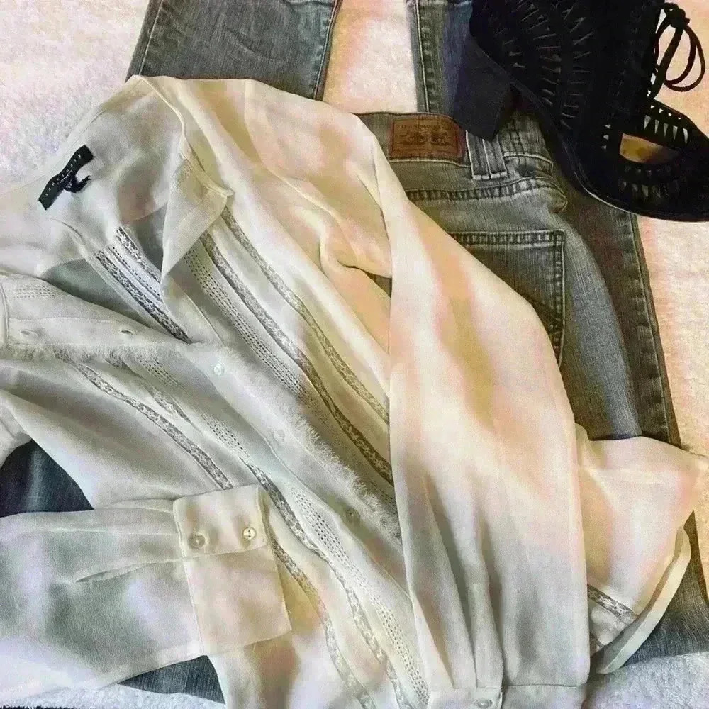 SANCTUARY Romantic Ivory Lace Blouse - Semi Sheer - Fringe Detail - Women’s XS
